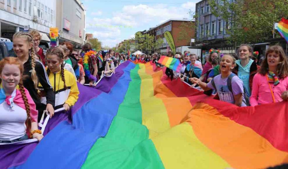 One of the two rainbow flags making their way towards Exeter High Street. Photo: Alan Quick