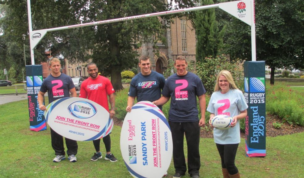 Sam Hill (England Under-20s and Junior World Championship winner), Tom Johnson (England international), Fetu’u Vainikolo (Tongan international) and Tom James (Wales international) with Cllr Rosie Denham