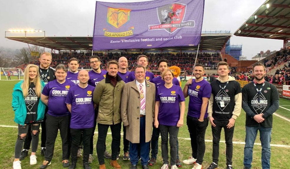 Isca Apollo FC, the LGBT+ inclusive football team, with the Lord Mayor of Exeter, pictured last year. Photo: Alan Quick.