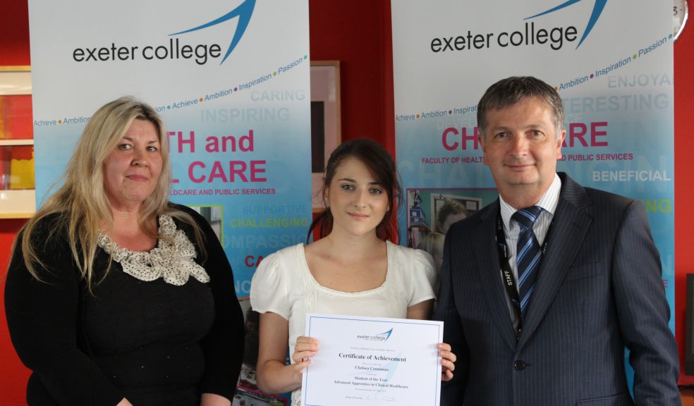 Photograph supplied: Chelsea receiving her award - L-R Tutor Vanessa Ackford, Chelsea Crossman and Assistant Principal Malcolm Walsh