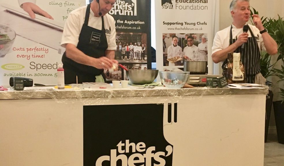 Devon chefs Peter Gorton and Jim Fisher preparing chocolate at Kitley House Hotel