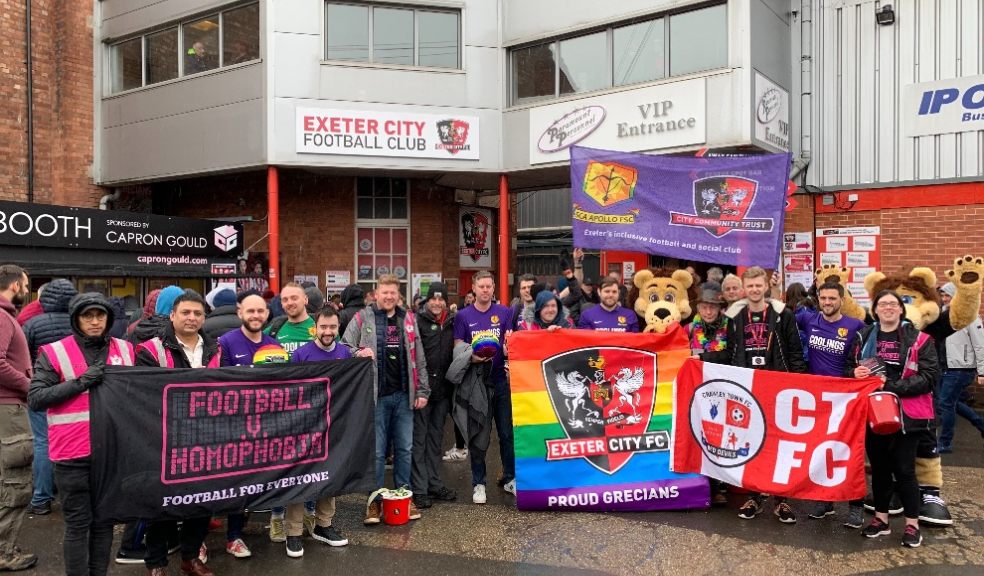 Volunteers promoting FootballvHomophobia at this year’s dedicated Exeter City FC game. Photo: Alan Quick.