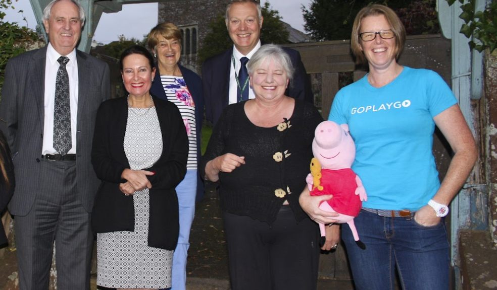 L-R: Cllr John Hart, Anne Marie Morris MP, Cllr Liz Hill, Phil Roberts - CDS Project Manager, Cllr Angie Carter-Woodwark, Holly Woodford – GoPlayGo, at a voucher scheme event in Ideford, South Devon