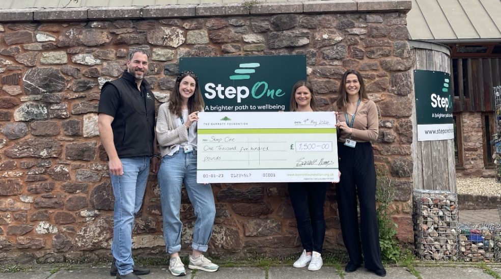 Step One receive a cheque from Jo Towns, Marketing Manager at Barratt David Wilson homes Exeter. L-R: Ben Greaves – CEO, Lauren Flitcroft – Marketing and Communications Manager, Jo Towns, Victoria Lewis – Fundraising Manager.