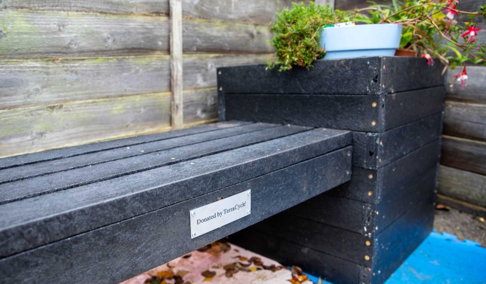 The TerraCycle bench planters installed in the gardens of the Sylvania Community Stores and Café in Exeter.