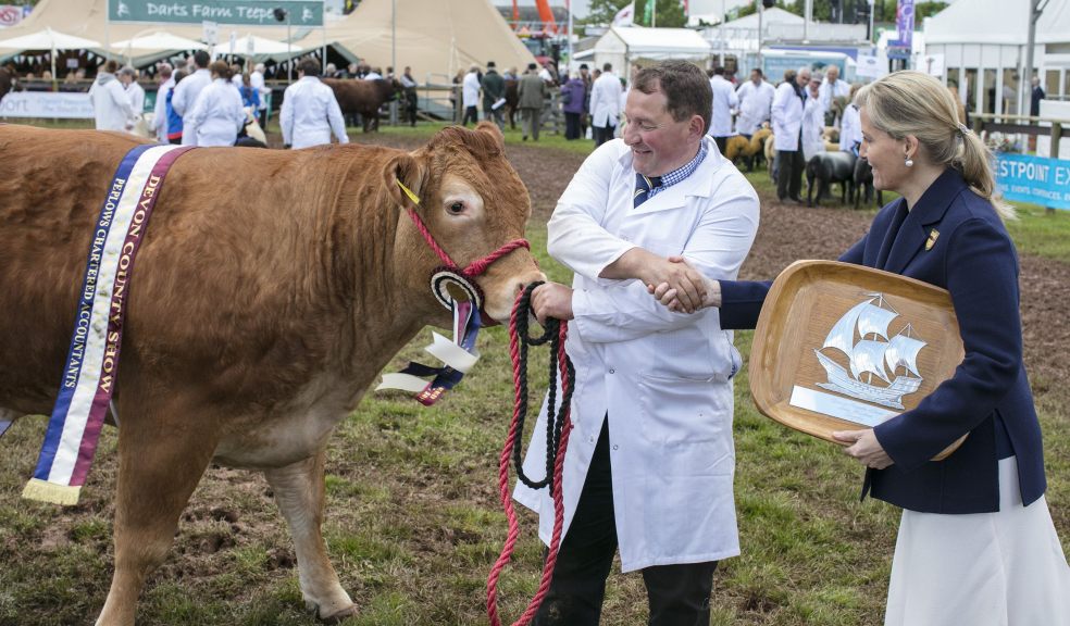 Her Royal Highness The Countess of Wessex congratulating Michael Alford of Foxhill Farm, near Cullompton, whose two year old in-calf Limousin heifer, Corranhill Krystal, took the 2017 interbreed championship for beef cattle at the Devon County Show.