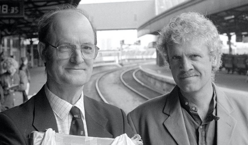 The two Devon master photographers, James Ravilious and Chris Chapman, together on Bristol Temple Meads station in June 1997. Photograph taken by Simon Timms