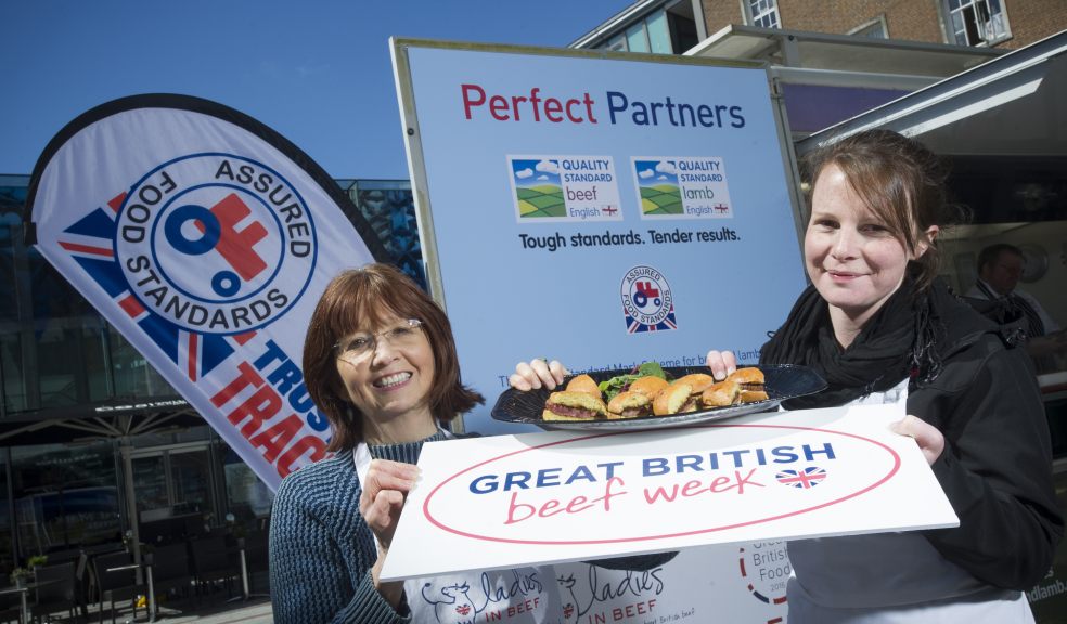 Jilly Greed (co-founder of Ladies in Beef) and Georgina Davie (member of Ladies in Beef) at the Great British Beef Week 'Beef up your butty' sampling event in Princesshay, Exeter