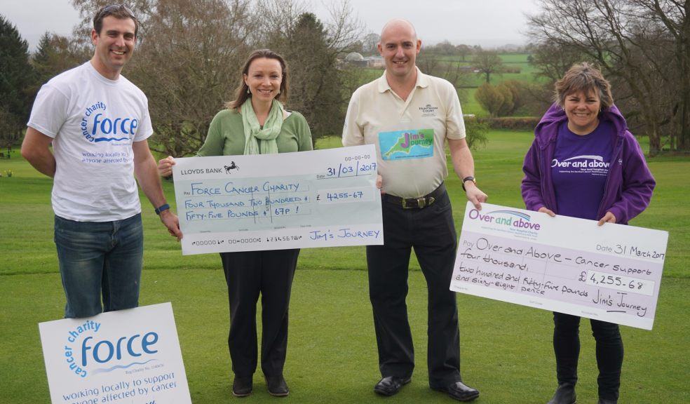Jim Bray (second right) presents cheques to (from left) Oly Watts, fundraising development officer for FORCE, Naomi Cole, community fundraiser for FORCE, and Julie Whitton, fundraising officer for Over and Above.