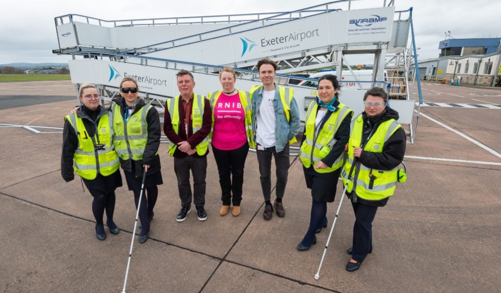 Sabrina Gliddon and Hayley McArdle from Exeter Airport, RNIB’s South West Community Connections Manager Richard Shuker, Community Connections Co-ordinators Tricia Sail and George Hinton and Sophie Horn and Cornelia Hrubariu, both from Exeter Airport.