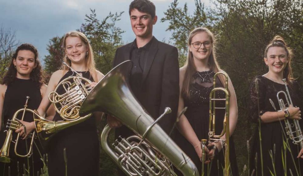 L-R_Danni Woodnutt Trumpet, Hannah Williams French Horn, Jacob Potts Tuba, Meggie Murphy Trombone and Eliza Talman trumpet all from Wells Cathedral School SML L-R_Danni Woodnutt Trumpet, Hannah Williams French Horn, Jacob Potts Tuba, Meggie Murphy Trombone and Eliza Talman trumpet all from Wells Cathedral School SML