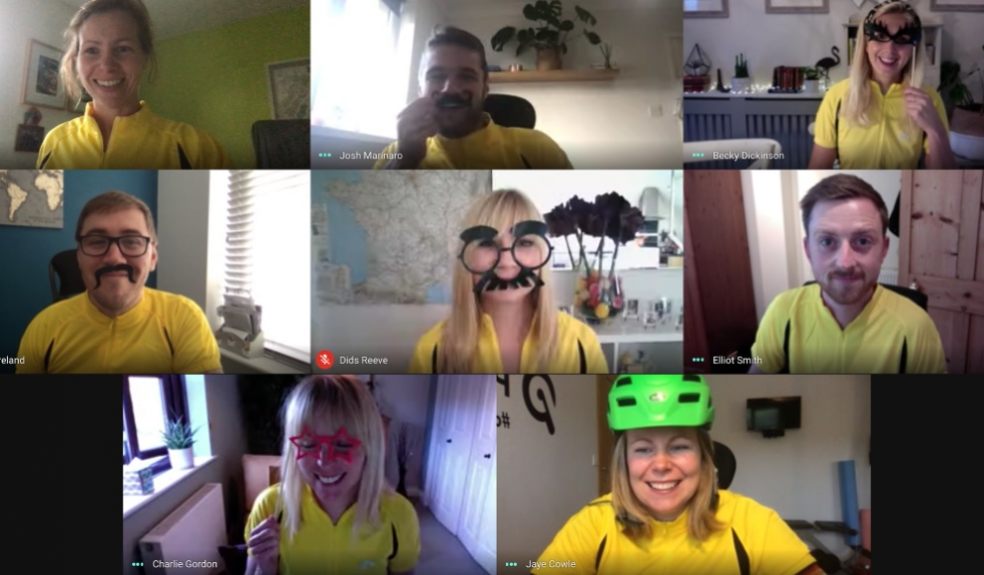 The Launch team all wear their lockdown cycle challenge yellow jerseys Force cancer charity