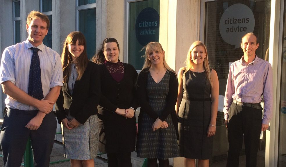 Legal clinic team, left to right: Alastair Dunnet (Veitch Penny), Fiona Wadey and Charlotte Butler Kitto (both Family Law Company), Kathryn O’Reilly and Laura Simpson (both Michelmores), and James Durston (Cartridges)