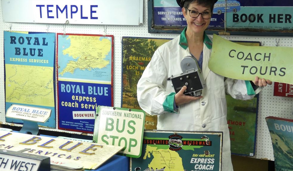 Liz Chilcott with vintage bus memorabilia vintage bus auction items
