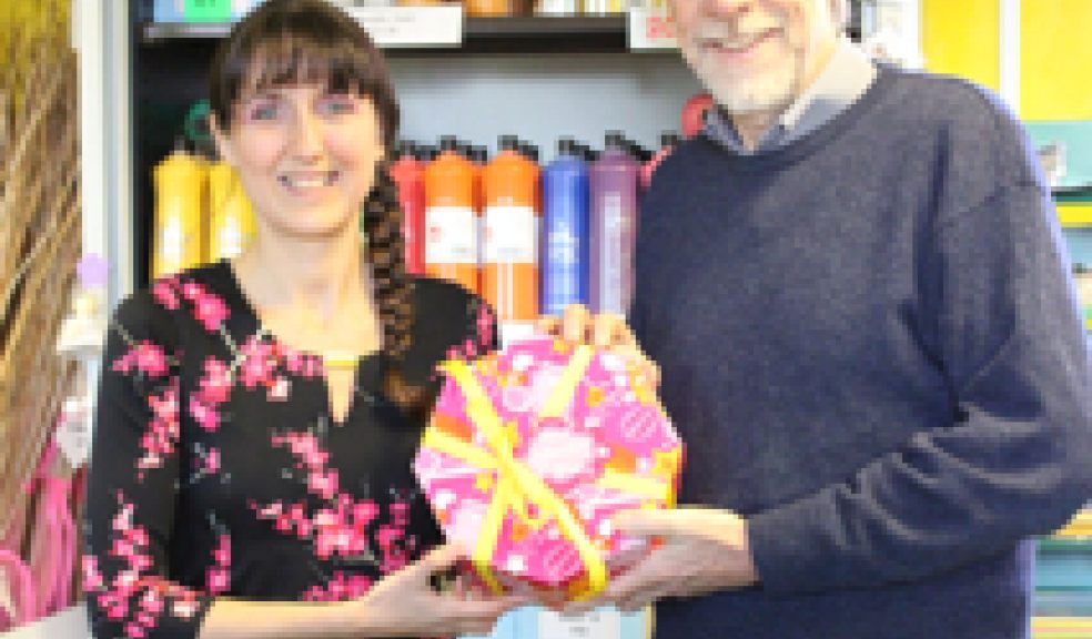 Lyndsay Peal, Competition winner with Alan Caig, Scrapstore Trust Chairman
