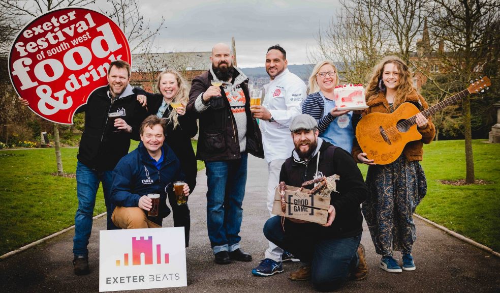 Michael Caines with some of the exhibitors and musicians appearing at the Exeter Food Festival 2018