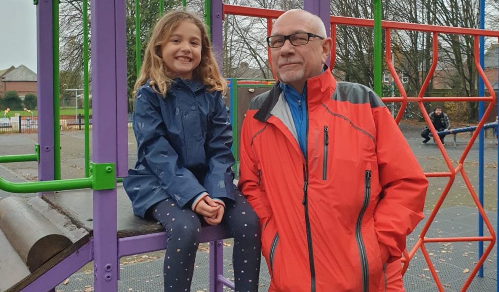 Mick Green with his granddaughter Addison cycling, Exeter City Futures