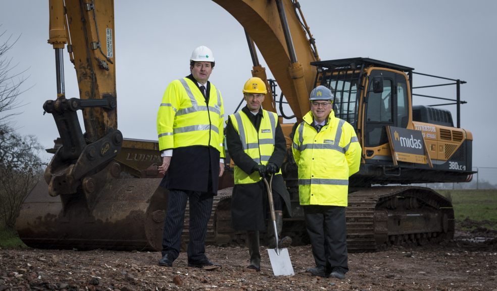 L-R Cllr Andrew Leadbetter, The Venerable Douglas Dettmer and Steve Rosewell, Midas Construction, mark the start of work on the new Trinity School