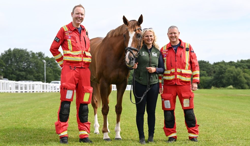 Exeter Racecourse ambassador Native River with crew from the Devon Air Ambulance (IMAGE CREDIT EXETE