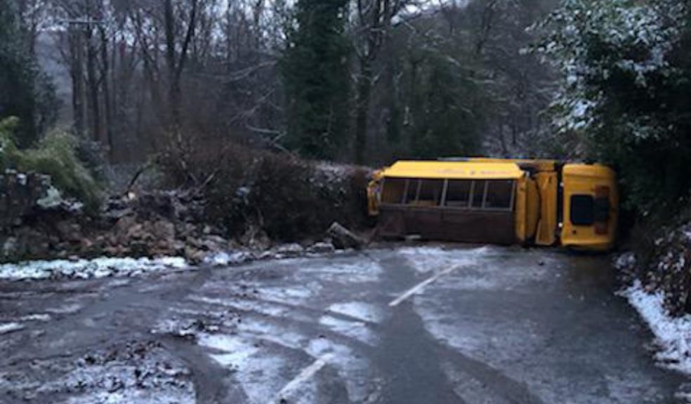 Overturned gritter at Holne, weather, Devon, Snow, Ice