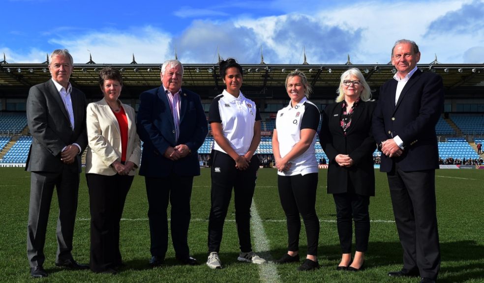 Nigel Melville (Interim, CEO of the RFU), Rachel Sutton (Deputy Leader, Exeter City Council), Tony Rowe OBE (Chairman, Exeter Rugby Club), Lagi Tuima (England Women), Marlie Packer (England Women), Jo Yelland (Strategic Director, Exeter City Council), Andy Cosslett (Chairman of the RFU) Picture: Pinnacle Photo Agency/England Rugby.