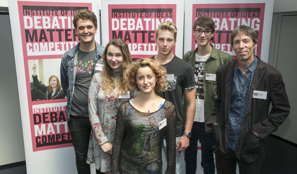 Exeter College Debating stars: Team (left to right) Milo Simpson, Abbie McGregor (reserve), Tilly Porter, Stan Whittaker, Dylan Woodward and Martin Owen (team coach).