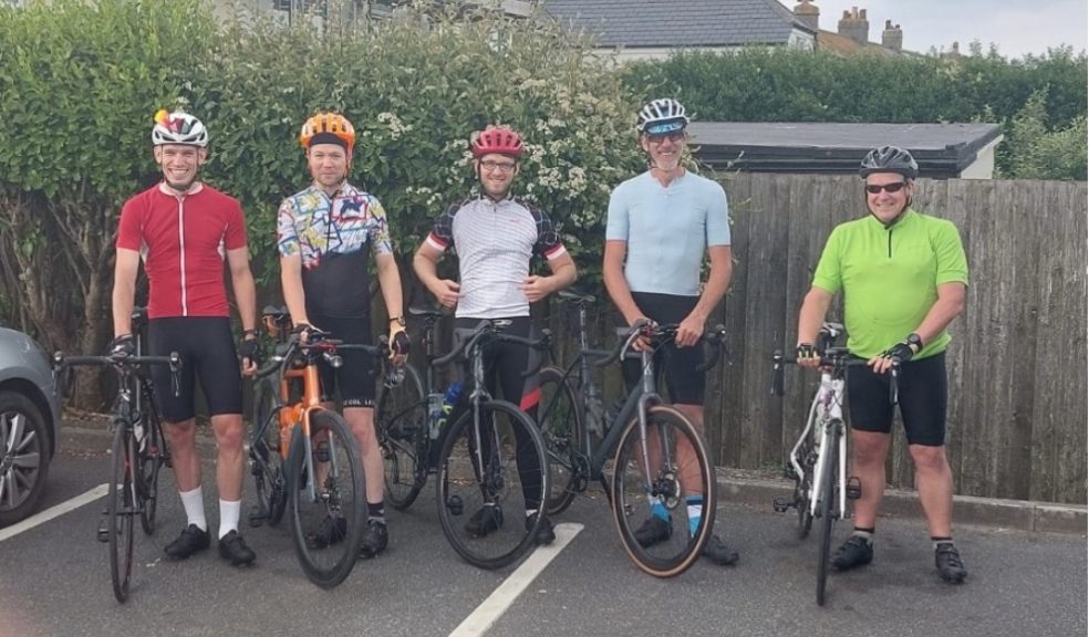 James Richards, Jack Mason, Ian Cole, Mike Webster and Terry Robinson before setting off on their epic cycle ride near Penzance