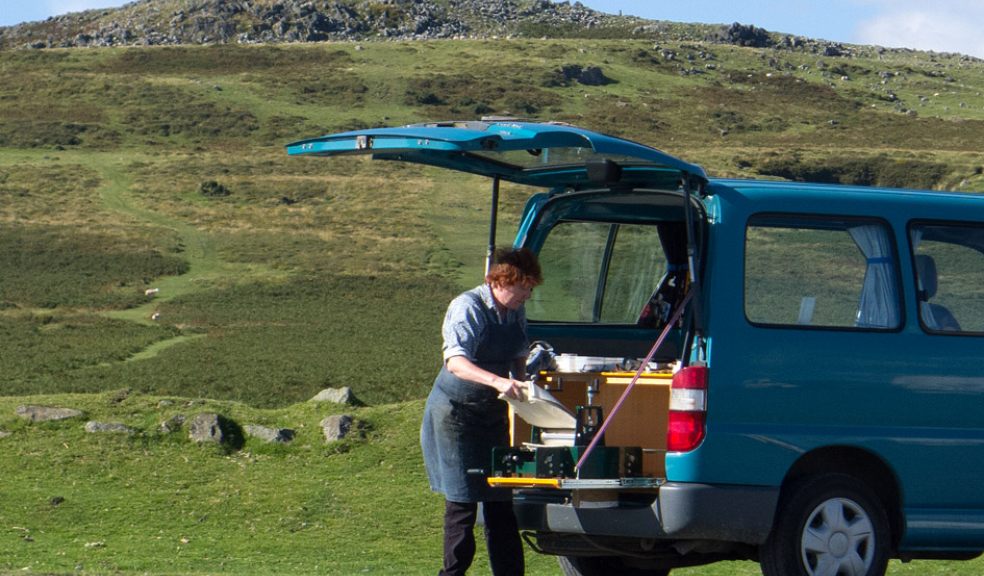 Anita Reynolds with her Printmaking Bus on Dartmoor