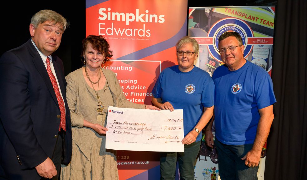 RBQ Cheque Presentation: John Coombs, Simpkins Edwards; The Lord Mayor of Exeter, Councillor Cynthia Thompson; Louise Harvey and Peter Harvey of Devon Freewheelers.