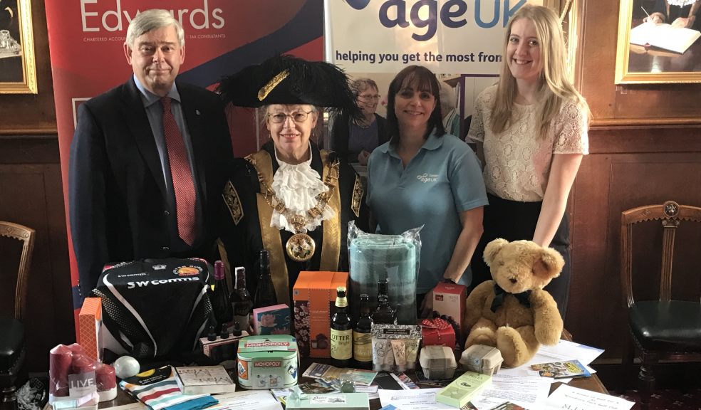 (l-r) John Coombs, Partner at Simpkins Edwards; Lord Mayor of Exeter, Councillor Lesley Robson; Jacqui Cornish, Community Fundraising Manager at Age UK Exeter; Fundraising Volunteer, Issie Atcheson of Age UK Exeter.