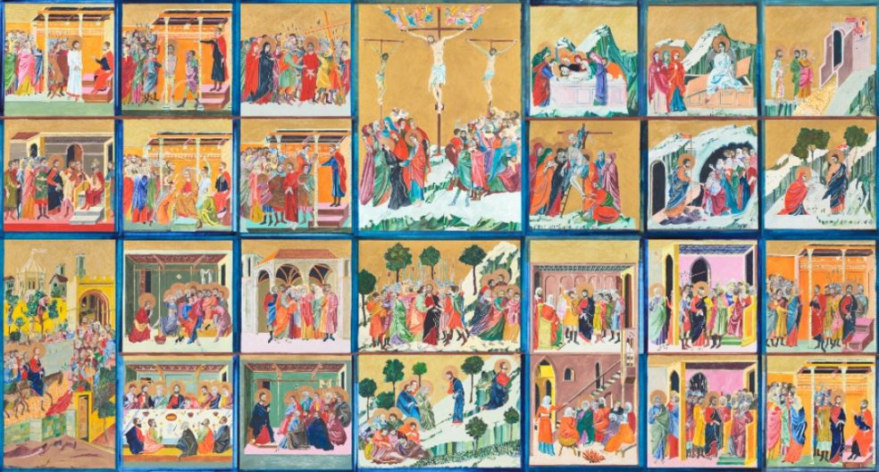Reconstructing Duccio (2019) is a series of 26 paintings, re-uniting the dispersed panels that originally made up the reverse of Duccio’s famous altarpiece, the Maestà (1308).