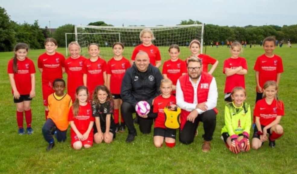 Red Sky Foundation's Sergio Petrucci, Co-founder, and Team Grassroots Founder Paul Kirton join Luna, the daughter of the foundation founder and teammates at the famous Boldon Girls FC in South Shields;