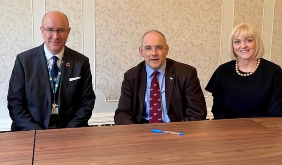 Robert Halfon MP with Professor Lisa Roberts and Stuart Brocklehurst. Photo: University of Exeter.