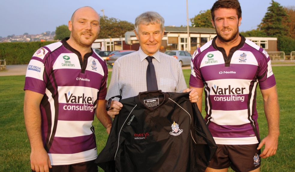 John Hawkins with two Exmouth RFC first team players Mark Wathes (R) and Dave Bargent (L)