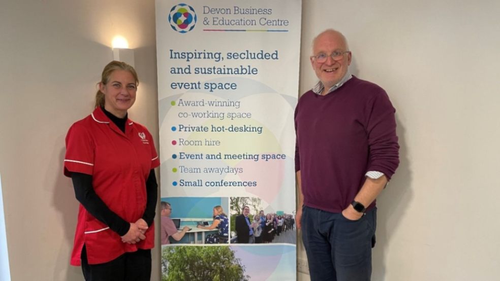 Sarah Carter, registered Manager of Care With Kindness, with Chris Lorimer, Owner of Devon Business & Education Centre