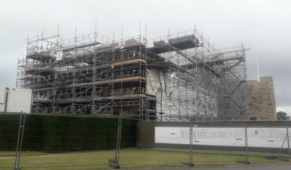 Scaffolding about to come down at Castle Drogo. Credit NT Tim Cambourne