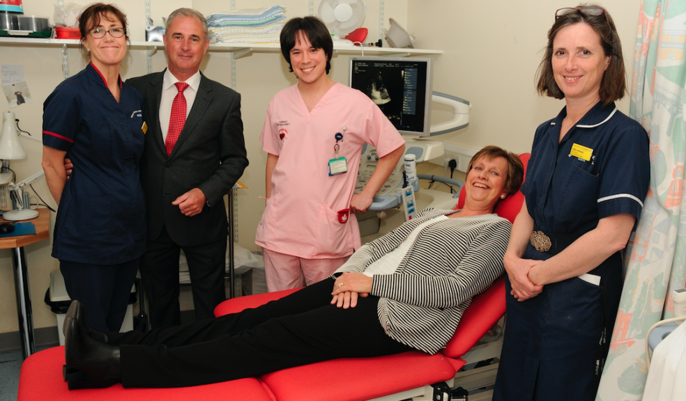 Testing out the new echo couch - (from L to R) Karen Gough, Matron on Taw; John Fairman, 2015 Men’s Club Captain; Nuno Guedelna, Senior Cardiac Physiologist; Jackie Follett, 2015 Ladies Golf Captain; Cathy Allman, Senior Nurse for Cardiology.