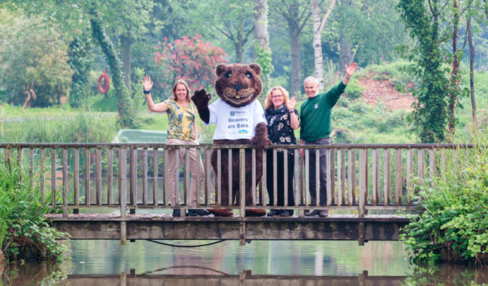 The beaver outfit being modelled at Cofton Country Holidays. L-R: Mellony Kirby - director of Cofton Country Holidays, the River Otter Beaver Trial mascot, Helen Scott – director of Cofton Country Holidays, and Mike Elsey, Corporate Support Officer for Devon Wildlife Trust.
