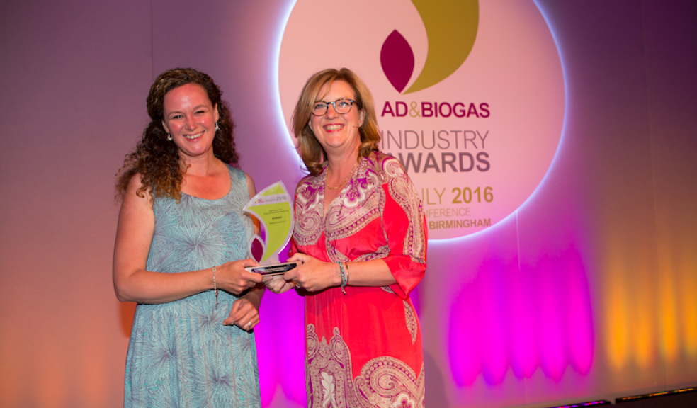 Sonya Bedford (left) receiving the Best AD Support (Legal/Accounting/Consulting) category of the annual Anaerobic Digestion and Bioresources Association (ADBA) awards