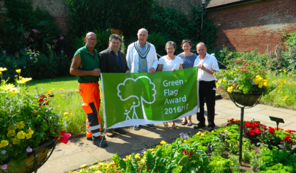 Connaught Gardens will be flying its Green Flag Award with pride – Left to right: Alan Fowler (EDDC team Leader for Sidmouth); Councillor Iain Chubb (EDDC Portfolio holder for the Environment), Councillor Stuart Hughes (Chairman of EDDC and Sidmouth Sidford ward member), Councillor Cathy Gardner (EDDC Sidmouth Town ward member), Jane Nicholls (EDDC Parks and Open Spaces Improvement Officer) and Mike Vine (EDDC Parks and Open Spaces Improvement Officer).