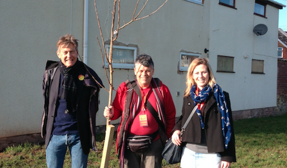 L-r: Ben Bradshaw MP, with Cllr Paul Bull and Cllr Hannah Packham at planting of community orchard in Cowick Barton Playing Fields on 30 January 2016. Image: Paul Bull.
