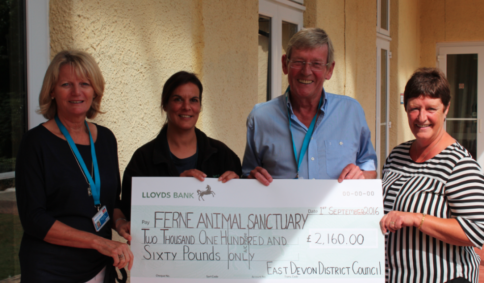 resenting the cheque are, from left Debbie Challice, EDDC Technical Office, Tara Nirula from Ferne, Cllr Paul Diviani and Jill Wheller, EDDC Environmental Health Officer.