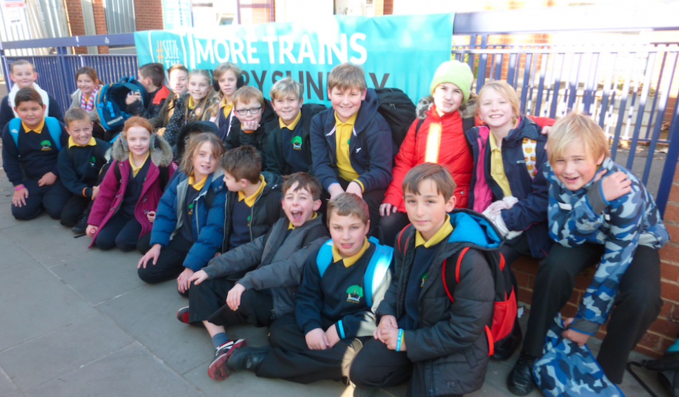 Children from Silver Birch class, Marpool Primary School about to board the train at Exmouth Station.