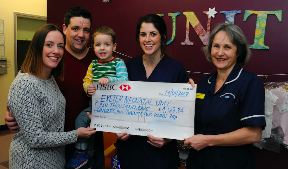 From left: Joanna, Michael and Maximus Thomas, with Chloe Stephens, NNU Nurse, and Sue Prosser, Senior Nurse for NNU.