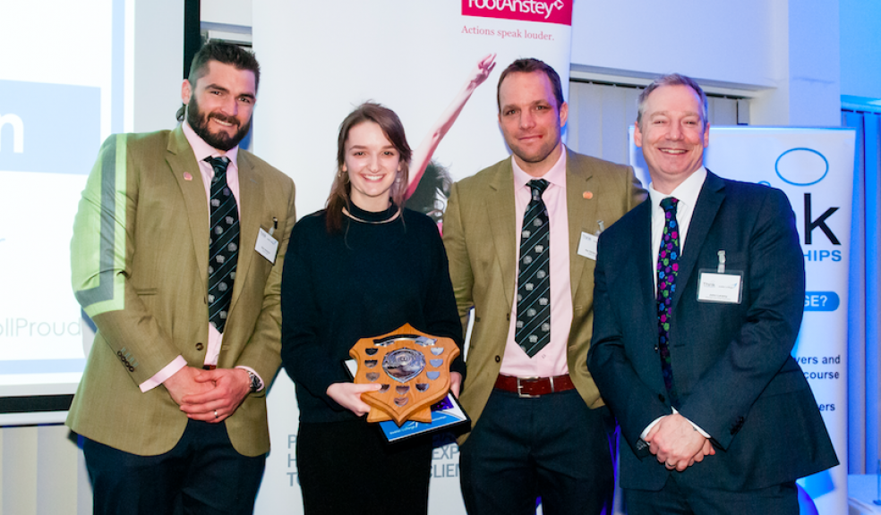 Exeter Chiefs Don Armand, Overall Apprentice of the Year Phoebe Craven, Exeter Chiefs Kai Hortsmann and Exeter College Principal John Laramy.