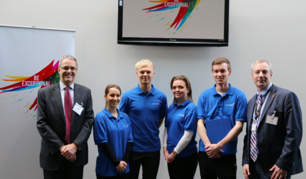 Launching the Exeter College vision for its continued upward trajectory to be an ‘Exceptional college’. Pictured from left, Philip Bostock OBE, Chair of the Board of Governors, Exeter College, with Exeter College Business students Charlotte Leach, Josh Lucas, Alissa Burrows-Smith, Callum Heron, who supported the launch event, and John Laramy, Exeter College Principal and Chief Executive.