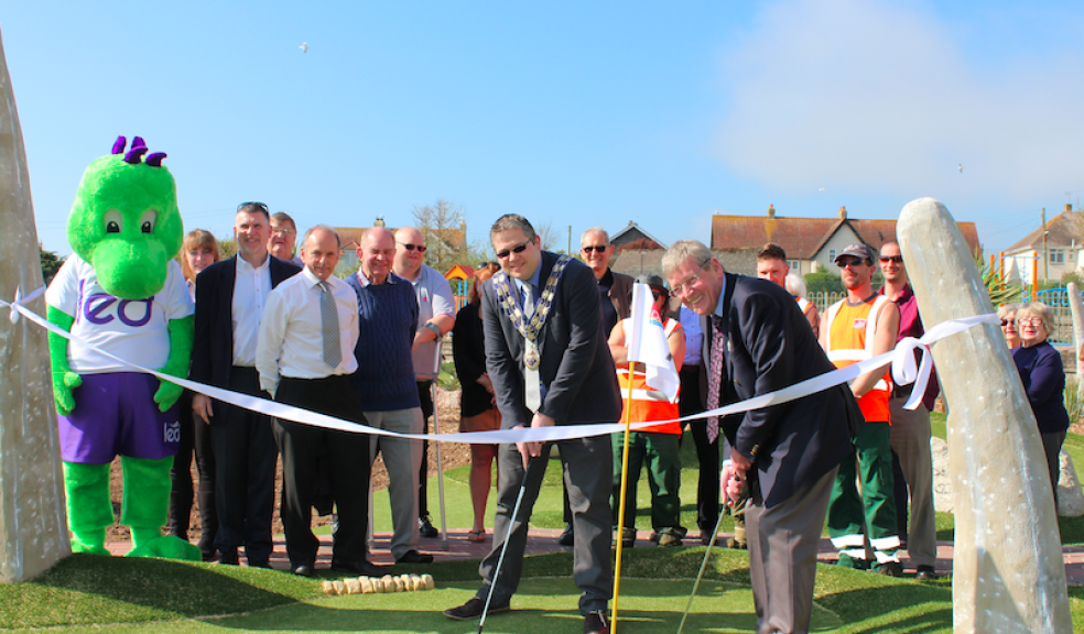 left to right: Cllr Marcus Hartnell and Cllr Paul Diviani tee off at the opening of East Devon District Council’s new adventure golf course