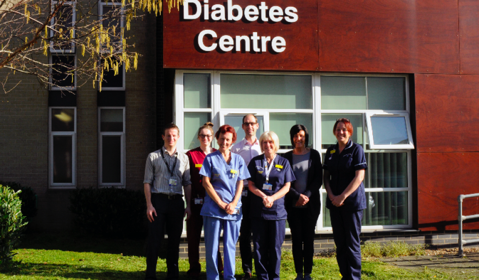 L-R: Chris Radford, SPR; Zoe Boulton, Inpatient Podiatrist; Karen Chamberlain, Inpatient Health Care Assistant; Tom Fox, Consultant; Tracy Courtney, Inpatient Diabetes Specialist Nurse; Liz Martin, Medical Secretary; and Tina Sanders, Matron for Diabetes and Endocrinology.