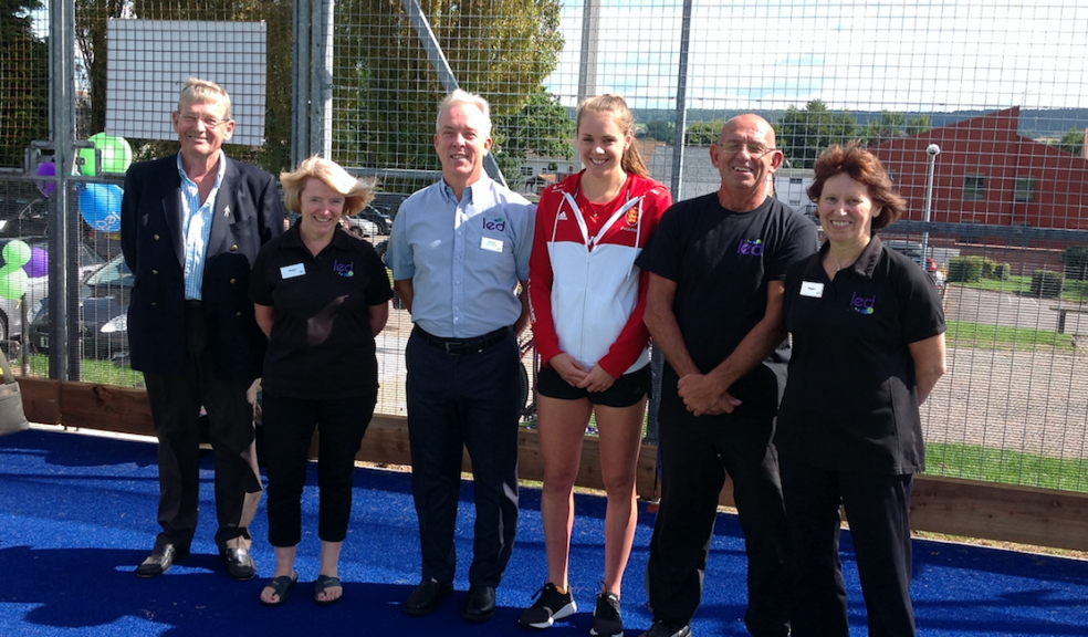 Councillor Paul Diviani (Leader of East Devon District Council), Maggie Stacey (Receptionist Ottery St Mary Leisure Centre), Peter Binks (Leisure Manager OSMLC), Giselle Ansley ( GB Hockey player and guest of honour opening the pitch), Robin Perryman (Groundsman OSMLC ), Maggie Richards (Receptionist OSMLC )