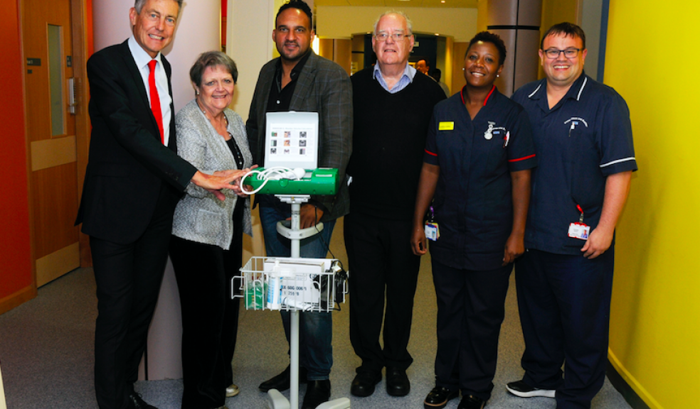 L-R: Ben Bradshaw, MP for Exeter; Barbara Tilbury; Michael Caines MBE, Exeter Foundation Trustee; David Tilbury; Cynthia Lumbwe, Sister on Bolham; and Steve Heath, Senior Nurse.